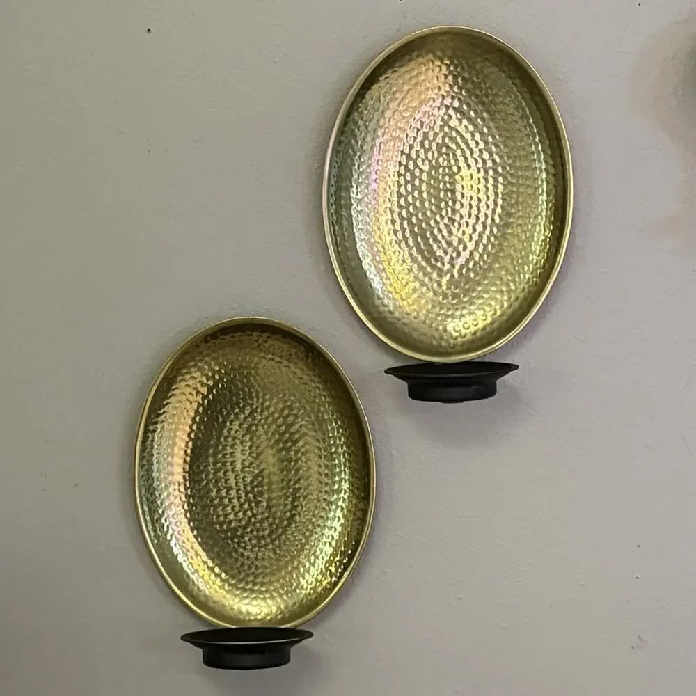 Reflective Pillar Candle Sconce Set of 2 Ikea Hammered Gold Tone Oval 11.5” Tall